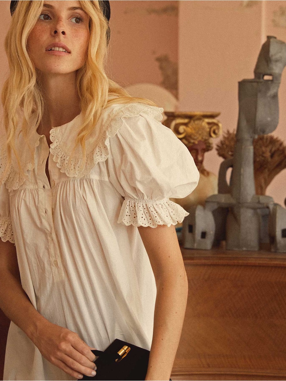 Doen Cream Eyelet Lace Mini Dress with Puff Sleeves